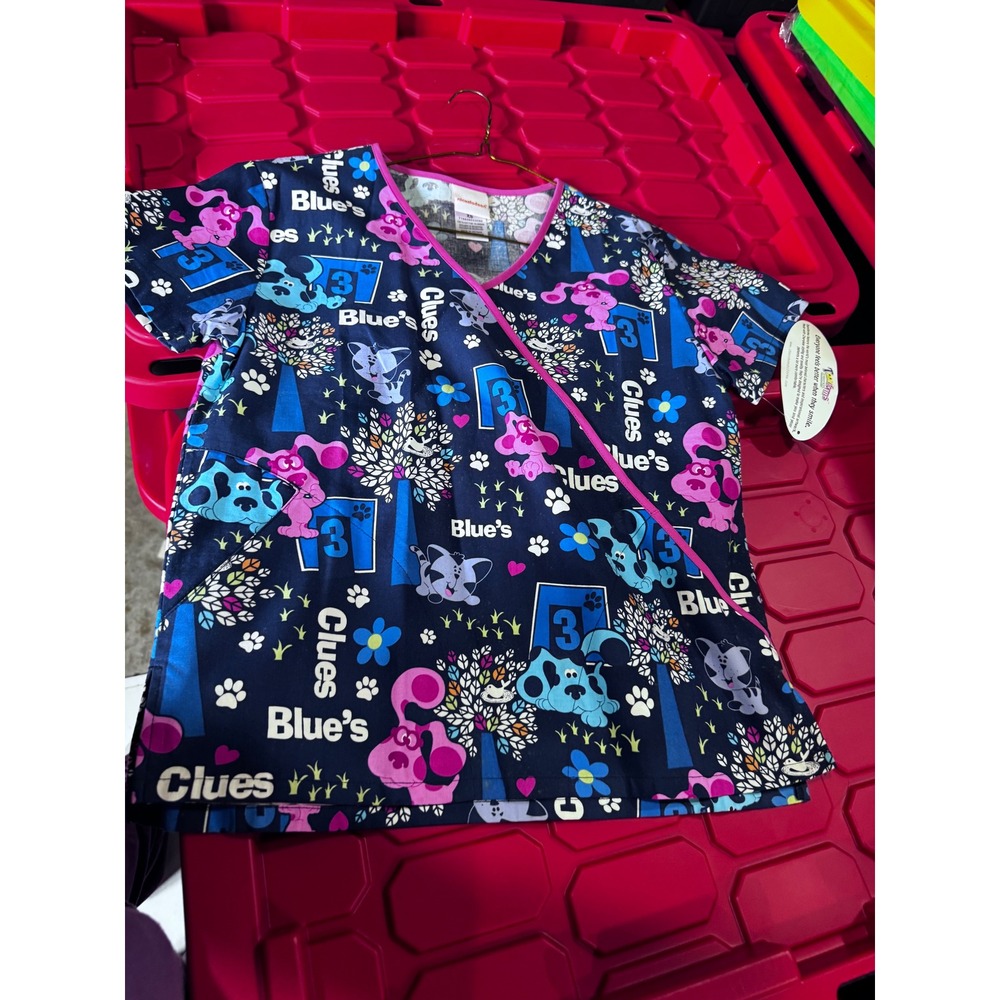 Cherokee Tooniforms Blues Clues Scrub Top Mock Wrap Navy Pink XS NWT